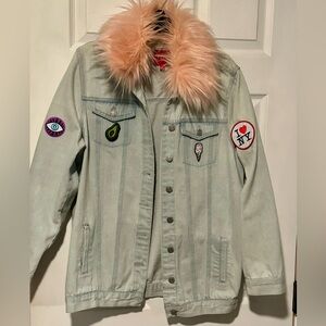 Guess Women’s Jean Jacket with Patches and removable pink fur collar M/L